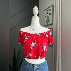 Divided Red Floral Off-Shoulder Crop Top